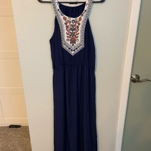 Navy Maxi Dress with embroidered collar and bib